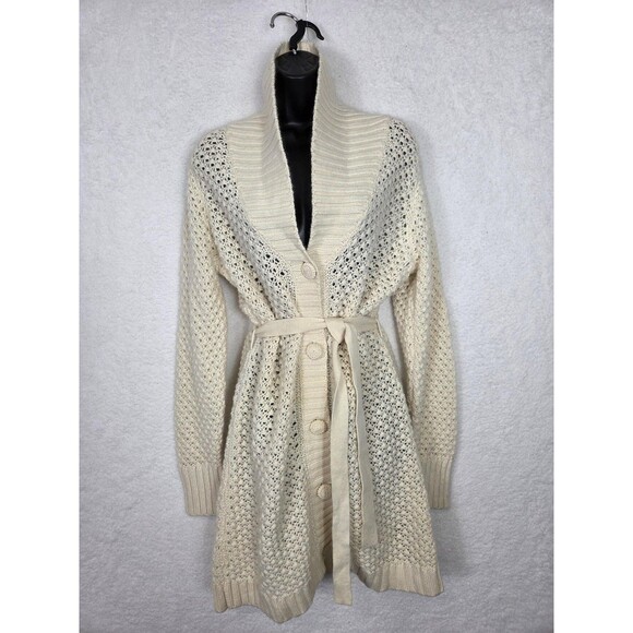 L.L.Bean Wool Angora Sweater L Cream Belted Shawl Collar Button Long Cardigan - Picture 3 of 9